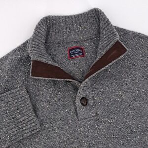 UNTUCKit Mock Neck Sweater Mens Large Lambswool Gray Donegal Button Suede Trim